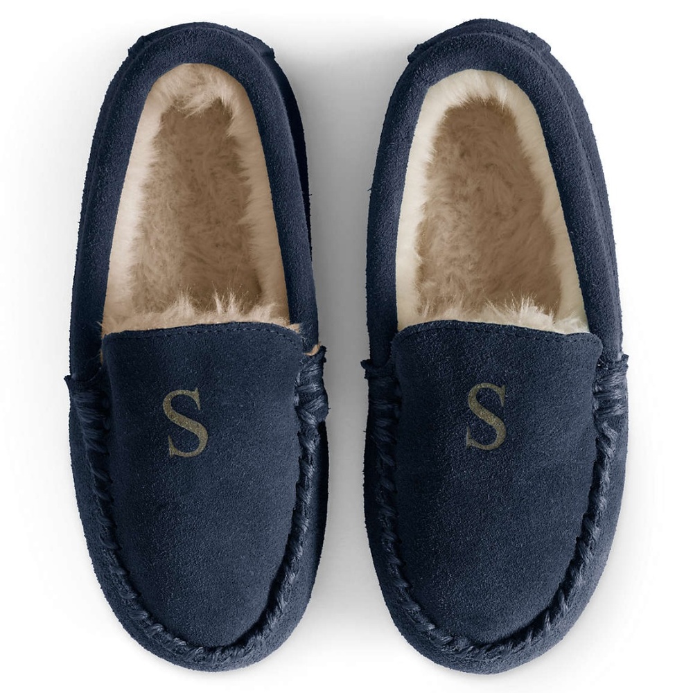NWT: Lands End Kids Navy Suede Moccasin Slippers